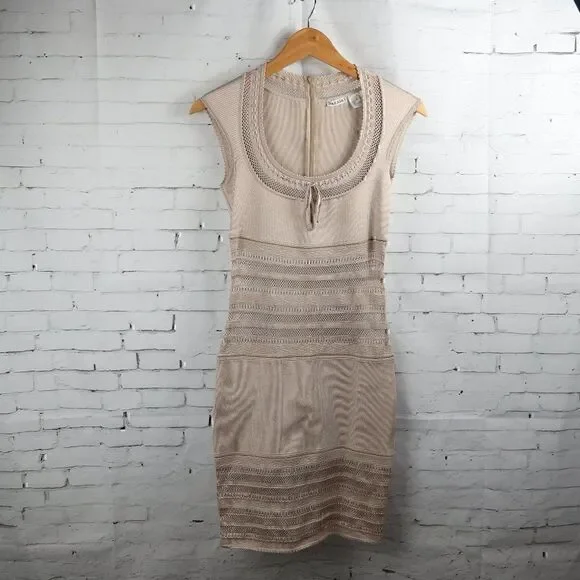 AZZEDINE ALAIA ICONIC VINTAGE SEMI SHEER CROCHET KNIT NEUTRAL DRESS SIZE SMALL - Picture 1 of 11